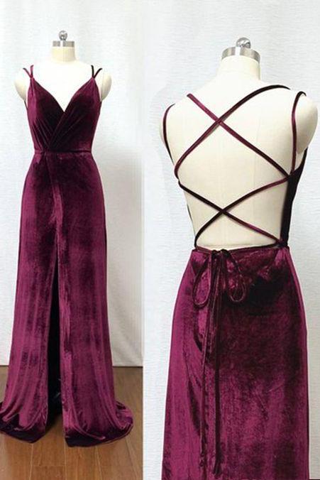 Burgundy Velvet Criss Cross Back Floor Length V Neck Slit Prom Dress, Evening Dress M9428