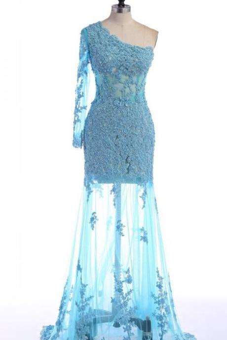 One Shoulder Blue Lace Applique Prom Dress,evening Dresses M9439