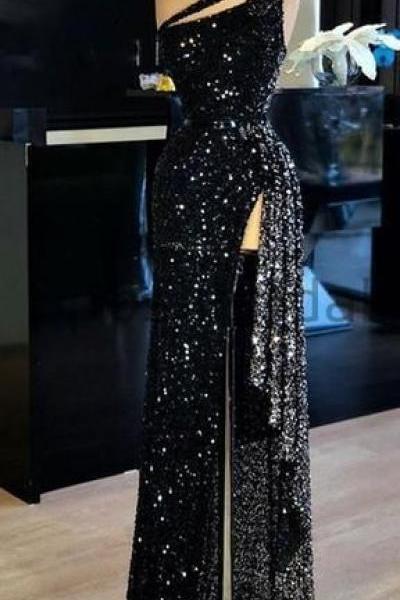 Mermaid Sparkly Sequin Black High Slit Sexy Elegant prom dress M9441
