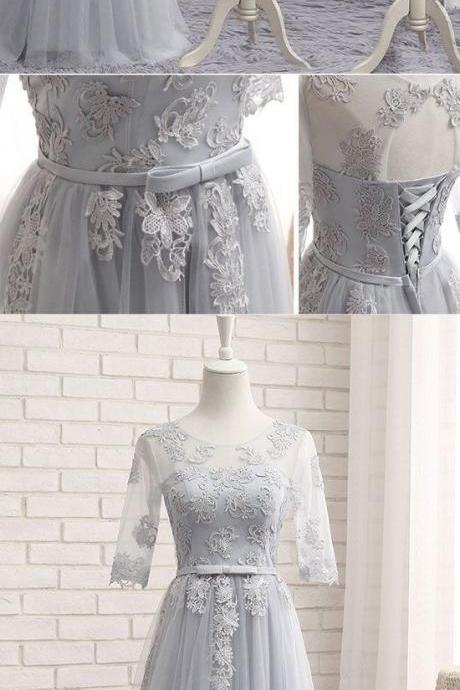 Gray Tulle Lace Long Prom Dress M9442
