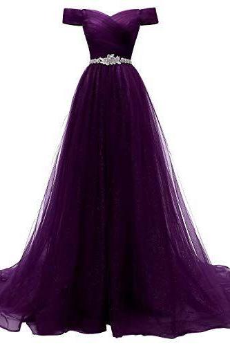 Women's A-line Tulle Prom Dresses Off The Shoulder Formal Evening Ball Gown M9448