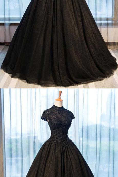 Elegant Long Black Tulle Lace Long Prom Dress,a Line Formal Black Tulle Evening Gown M9530