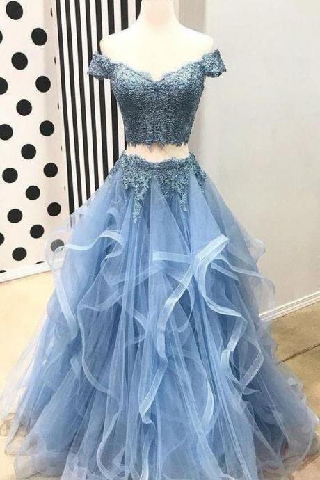 Dusty Blue Two Piece Off Shoulders Ruffles Skirt Prom Dress,sweet 16 Dress M15