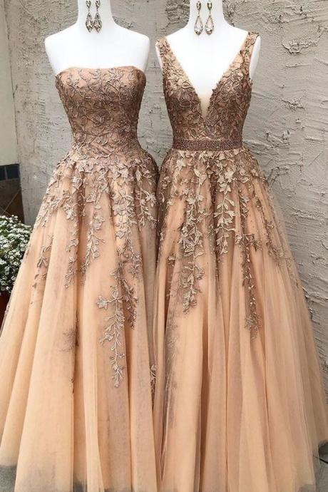 Gold Prom Dress Ball Gown Tulle Applique Prom Dress M19