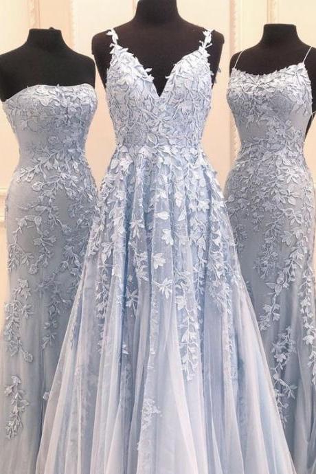 Blue Long Prom Dresses, Pretty Lace Prom Dresses M33