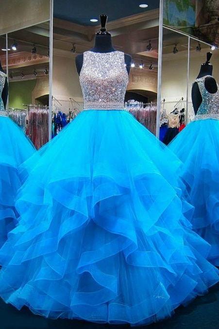 Blue Puffy Ball Gown Crystals Backless African Prom Dresses M40