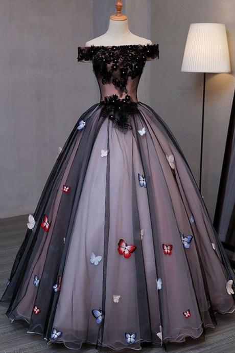 Black Prom Dresses Butterfly Appliqued Princess Quinceanera Dress M41