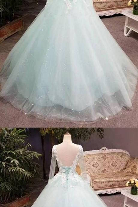 Unique Mint Tulle Long Lace Top Winter Prom Dress With Sleeves M43