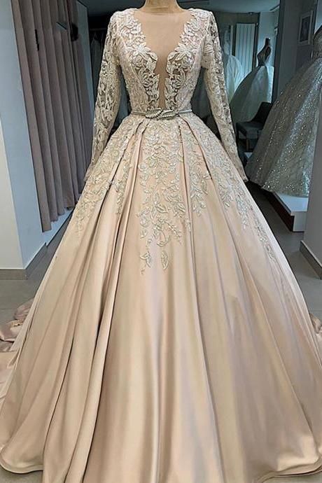 Vintage Champagne Satin Long Sleeve Prom Dresses Sexy Sheer Illusion Formal Women Dress With Belt Sash M44