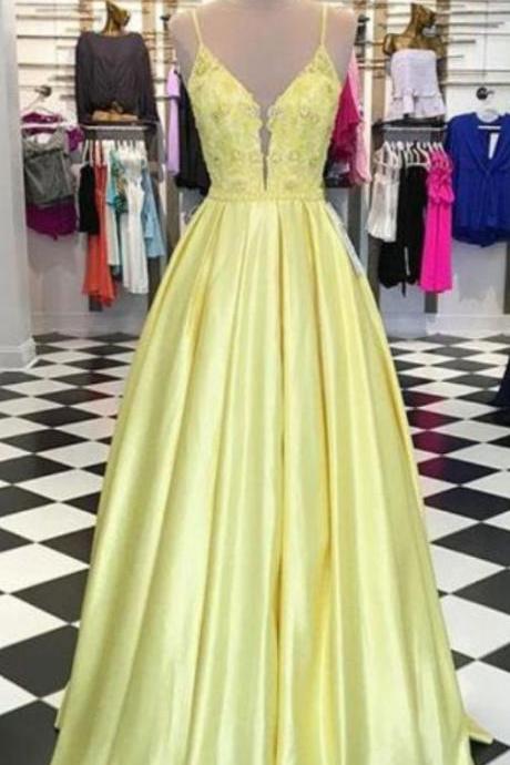 Unique Yellow Satin V Neck Party Dress, Long A Line Senior Prom Dress With Applique M48