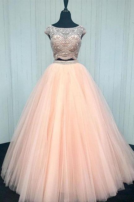 Pink Two Pieces Sequin Beads Tulle Long Prom Dress, Pink Evening Dress M55