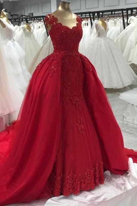Long Red Lace Evening Dresses With Detachable Skirt Sexy Sheer Mermaid Formal Prom Dress Plus Size M59