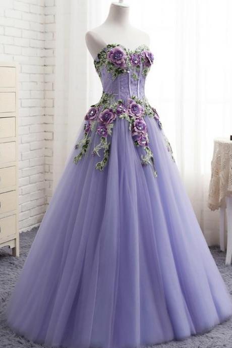 A-line Purple Tulle Embroidery Appliques Sweetheart Neck Prom Dress M70