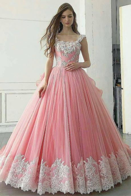 Charming Prom Dress, Sexy Sleeveless Tulle Prom Dresses, Appliques Long Evening Dress M73