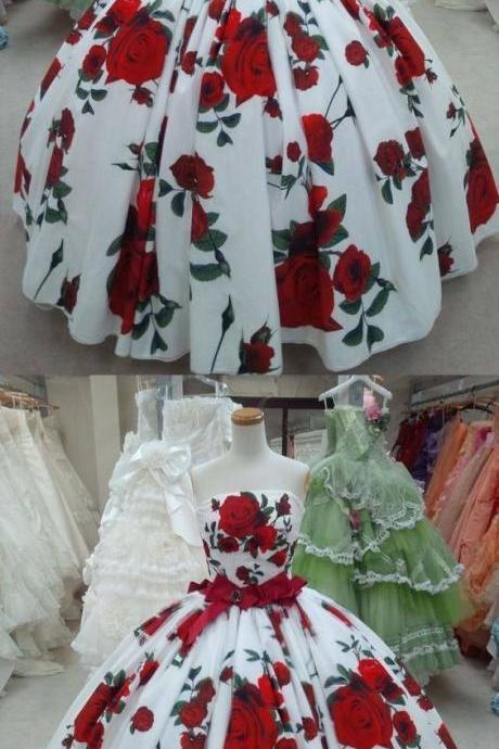 Prom Dress Ball Gown, Ball Gown Prom Dresses Strapless Rose Floral Print Red And White Long Prom Dress M77