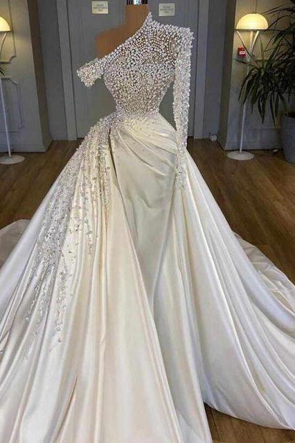One Shoulder Beaded Wedding Dresses, Wedding Dresses With Crystal And Detachable Train, Vintage Style M89