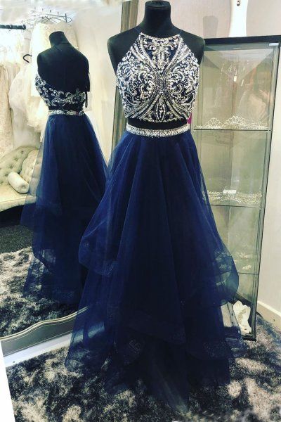 Elegant Two Piece Navy Blue Beaded Long Prom Dress M102