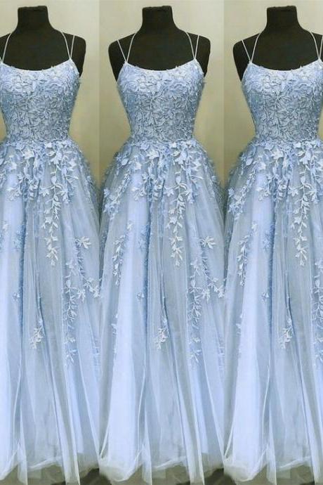 Blue Prom Dress, Lace Applique Prom Dresses, 2021 Prom Dresses, M113