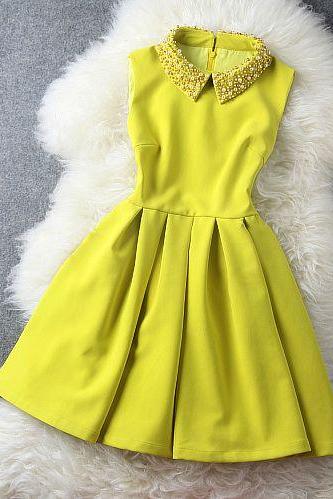 Yellow Dress With Pearl Beaded Collar M123