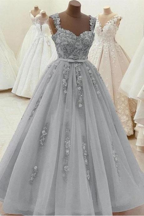 Gorgeous Sweetheart Neck Beaded Gray Floral Lace Prom Dress, Grey Floral Lace Formal Dress, Gray Evening Dress M128