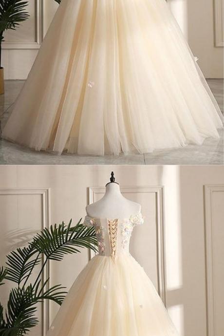 Champagne Tulle Off Shoulder Long Prom Dress, Flower Lace Prom Gown With Sleeve M130