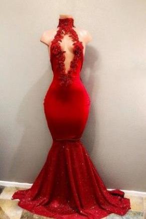 High Neck Halter Red Glossy Jersey Prom Dress. M131