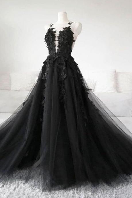 Black Lace Tulle Long Prom Gown Black Evening Dress M133