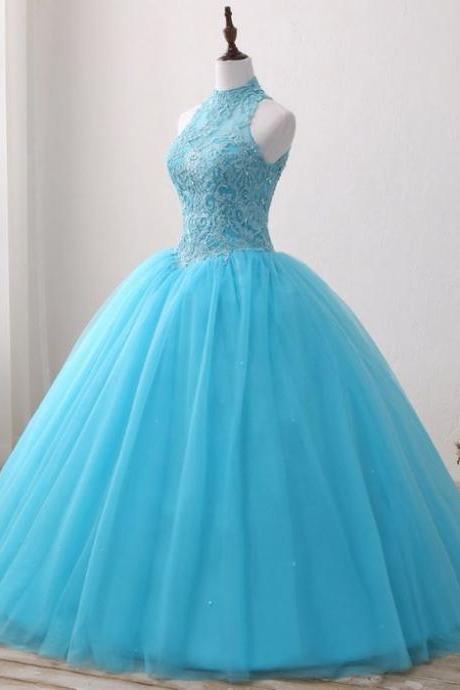 Blue Lace O Neck Strapless Long Tulle Quinceanera Dress, Formal Prom Gown M134