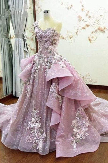 Dusty Pink 3d Flower Prom Dress Ruffles Embroidery Prom Gowns Formal Party Dress M137