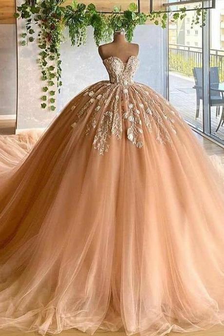 Sweetheart Applique Tulle Pleated Champagne Ball Gown Evening Dress M139