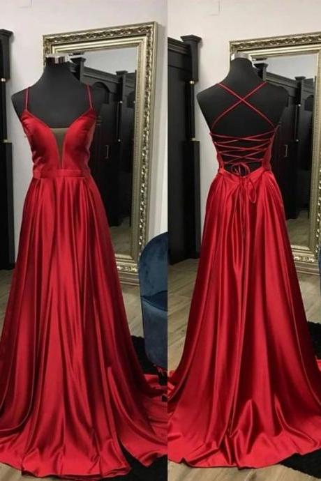 Classy Red Plunge V-neck A-line Backless Prom Dress With Train M141
