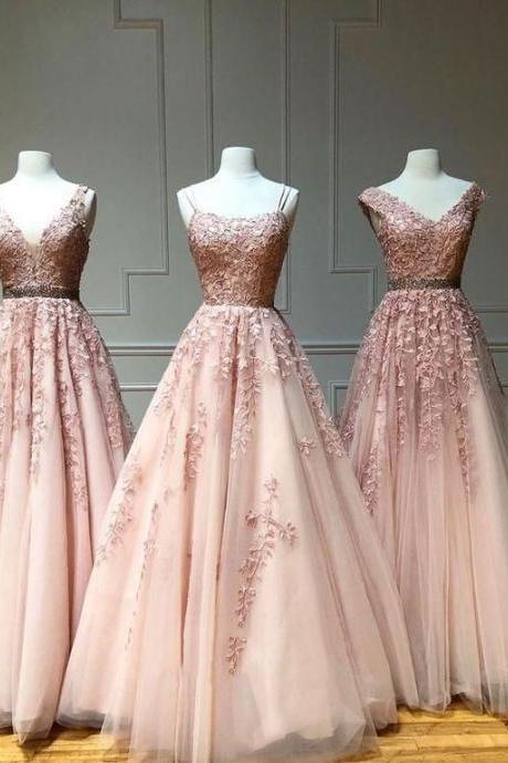 Dusty Pink Prom Dresses Long Lace Applique Elegant A Line Mismatched Beaded Prom Gowns M142