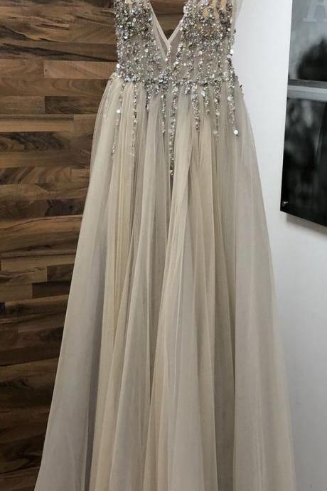 Fashion Feminine Grey See Through Plunge V Neck Tulle Prom Dress M143