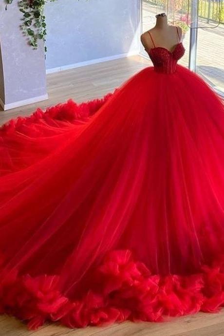 Spaghetti Straps Red Beading Bodice Tulle Ball Gown Evening Dress With Handmade Flowers M147