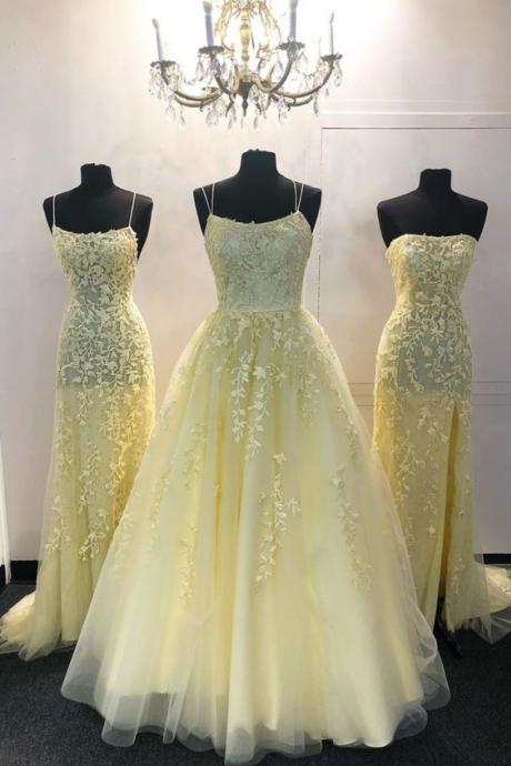 Gorgeous Yellow Lace Appliqued Prom Dresses, Long Prom Dresses M148