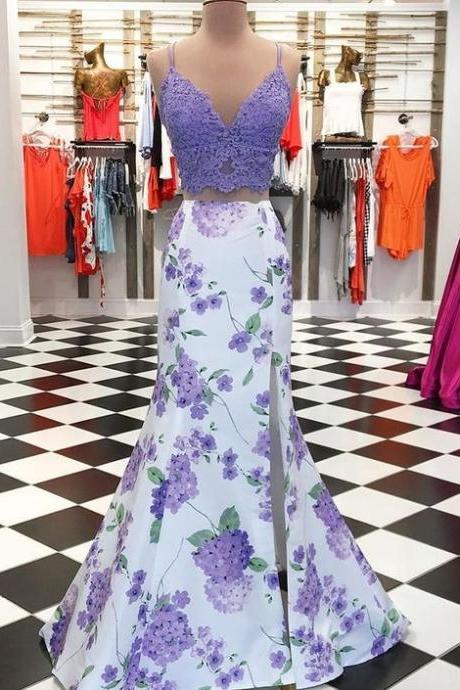 Spaghetti Straps Two Piece Purple Mermaid Slit Prom Dress With Floral Print Skirt M149