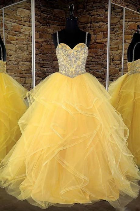 Yellow Sweetheart Tulle Sequin Long Prom Dress, Yellow Evening Dress M150