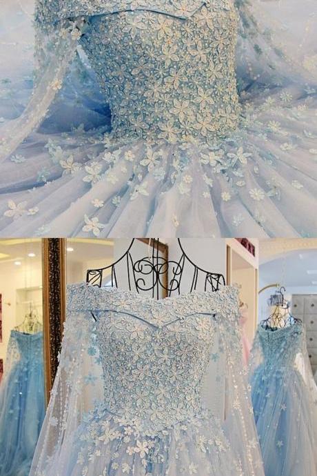 Elegant Off The Shoulder Blue Tulle Long Prom Dress M153