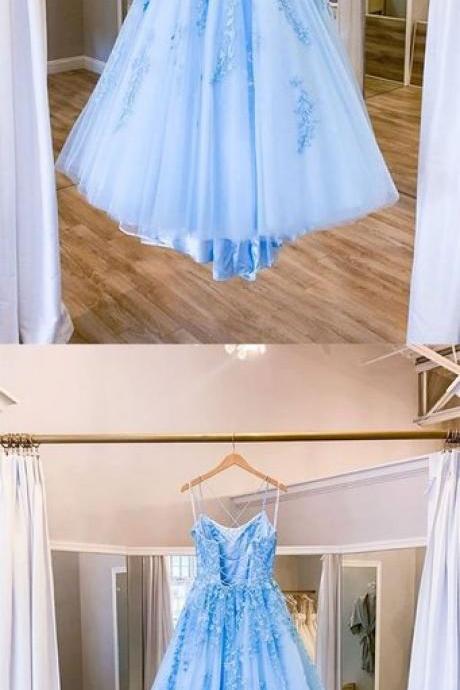 Blue Tulle Long Backless A Line Prom Dress Graduation Dress Senior Dress M170