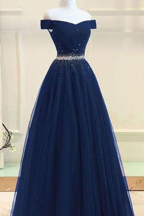 Off Shoulders Navy Blue Tulle Floor Length Prom Dress,8th Grade Dance Dress M172