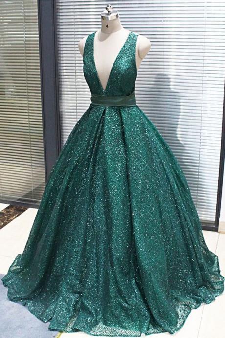Style Sparkly Dark Green Sequined Long V Neck Evening Dress, Puffy Party Dress, Floor Length Sleeveless Sequins Prom Gown M175