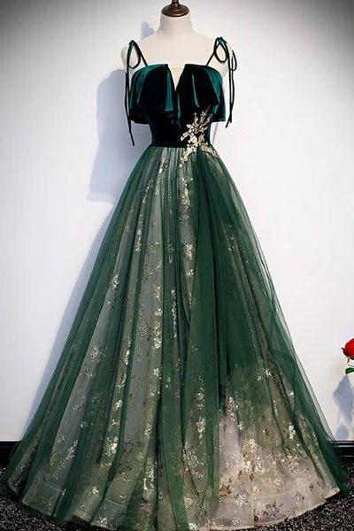Elegant Straps Velvet Tulle Party Dress, A-line Prom Dress M176