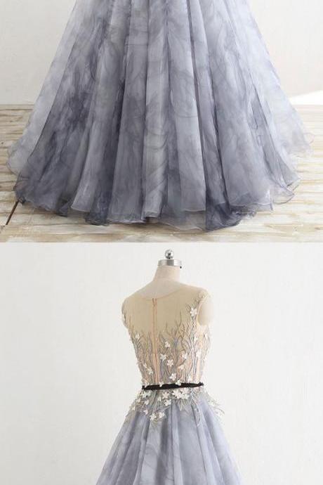 Long Grey Tulle Lace Floral Prom Dress M177