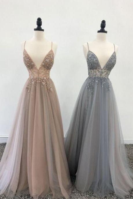 A Line V Neck Tulle Beads Long Prom Dress Evening Dress M178