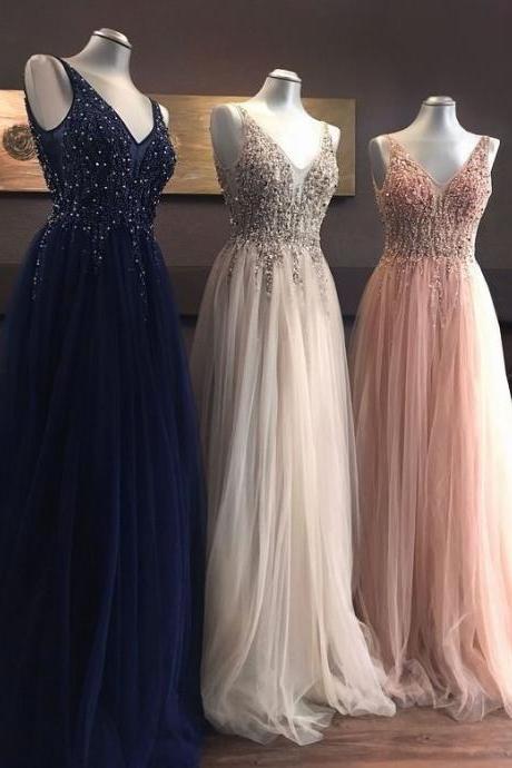 Fantastic Long A Line Royal Blue Tulle Beaded Prom Party Dress V Neck Sleeveless M179