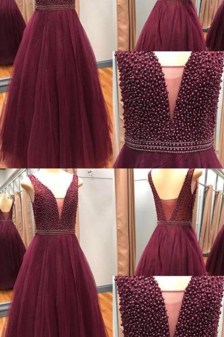 Burgundy Plunge V Neck Tulle Prom Dress,sparkly Beading Top Formal Dress M181
