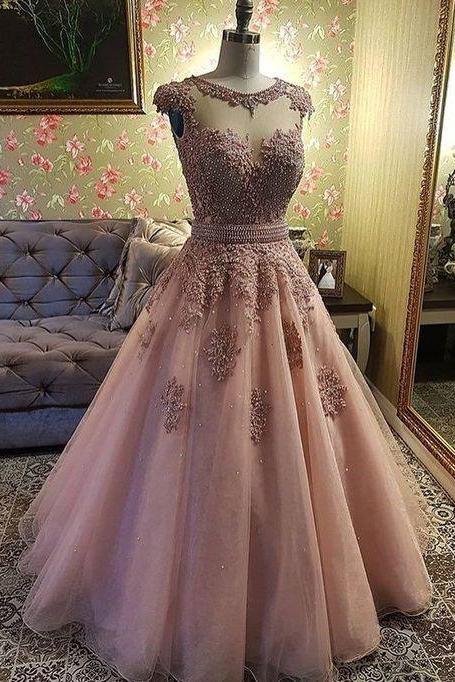 Pink Long Tulle Lace Prom Dress Evening Gown M183