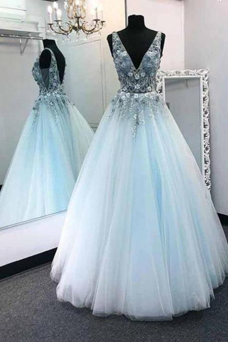 V Neck Tulle A Line Beading Prom Dress Sleeveless Custom Evening Dress M188
