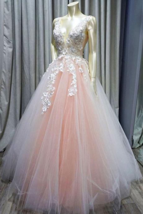 Design ,blush Pink Tulle, V Neck,long Halter ,white Lace Applique Evening Dress M196