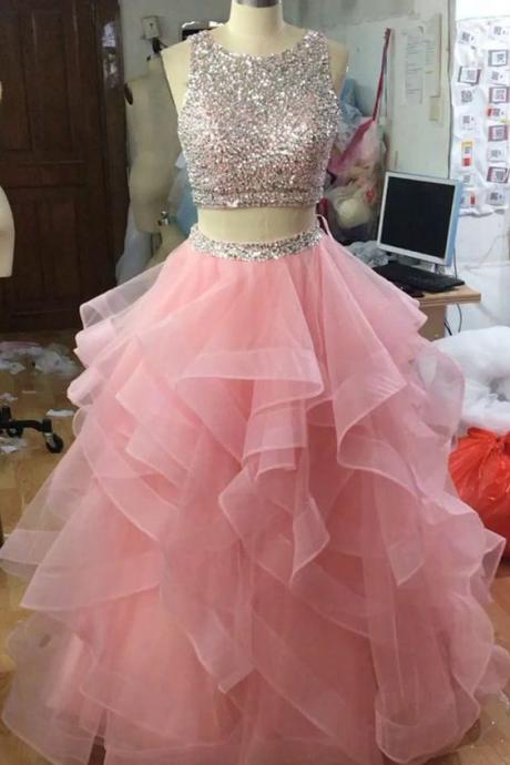 Jewel Neck Pink Party Dresses Sequins And Beaded 2 Pieces Prom Dresses Ruffle And Tiered M199